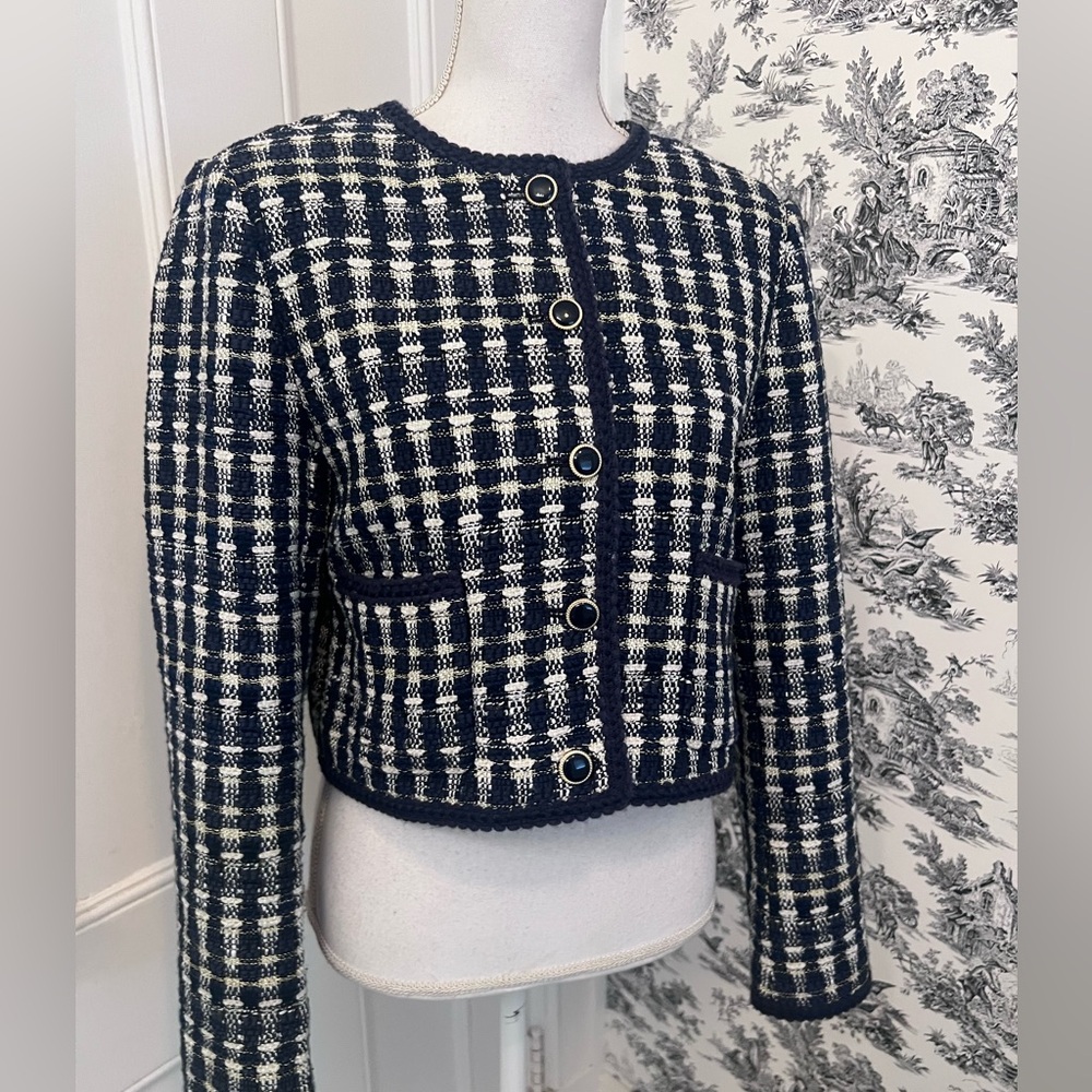 And Taylor women’s Classic Navy & White Tweed Boxy Jacket size 6